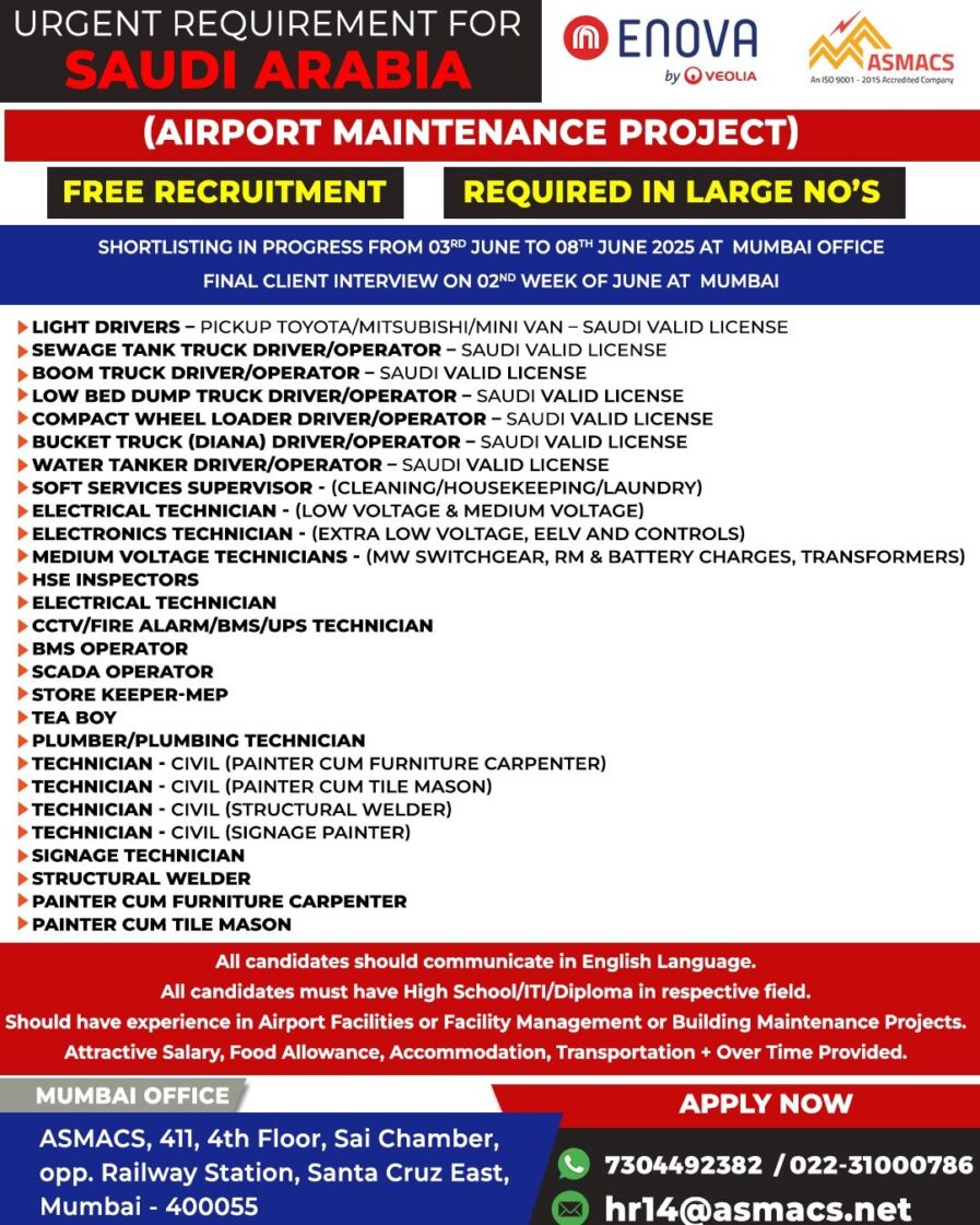 URGENT REQUIREMENT FOR SAUDI ARABIA
