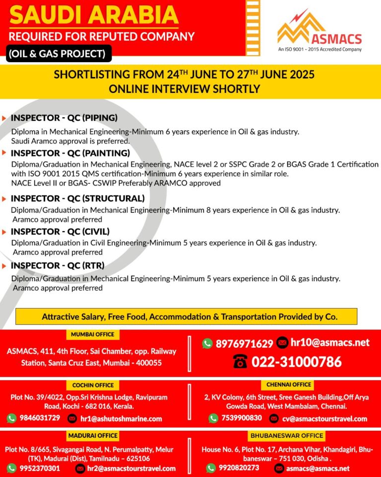 Job Openings for Reputed Oil & Gas Project in Saudi Arabia