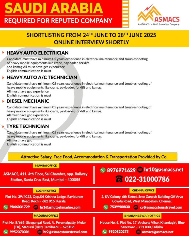 Job Opportunities for Reputed Company in Saudi Arabia