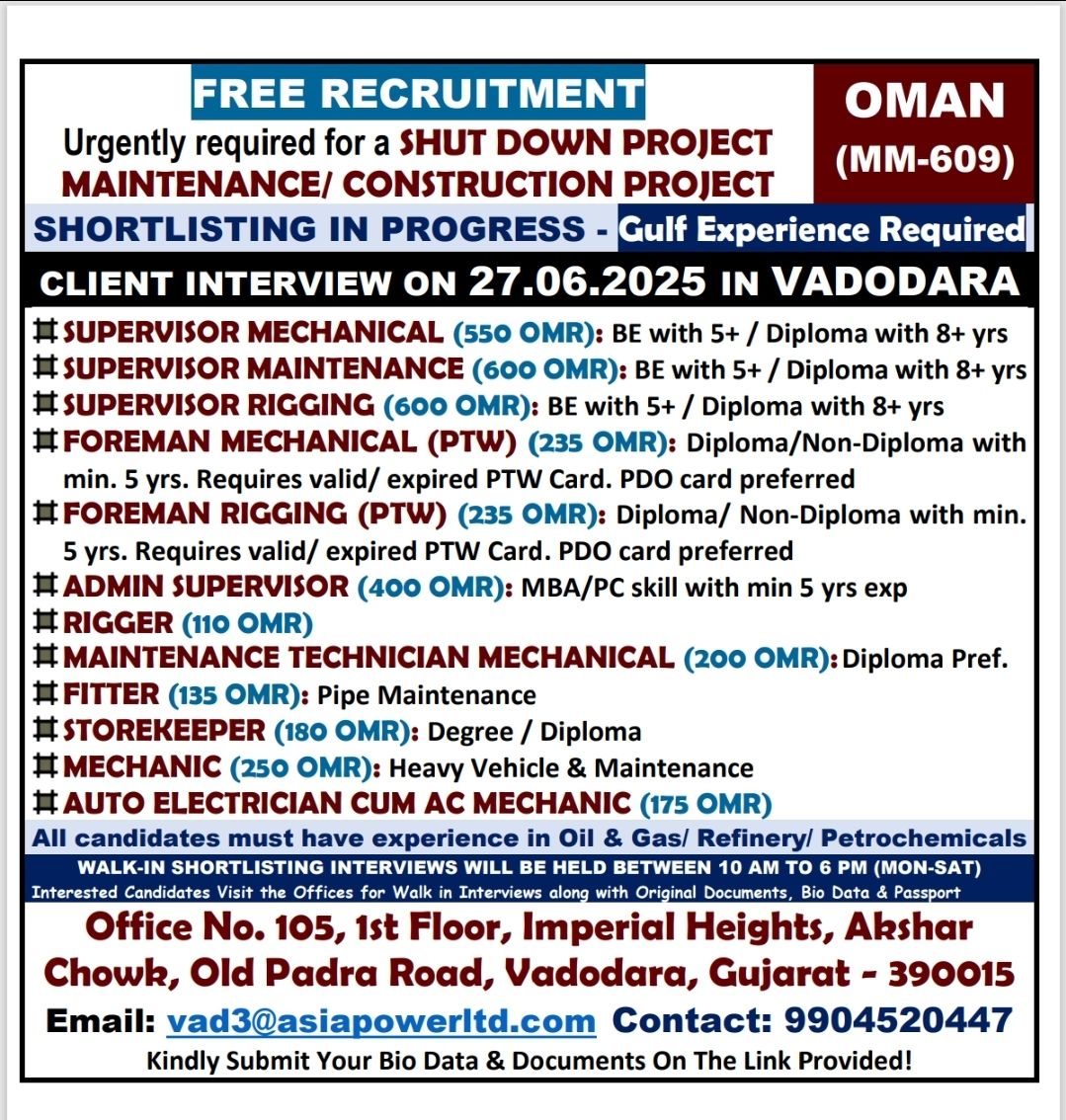 Urgent Recruitment for Shutdown Project in Oman