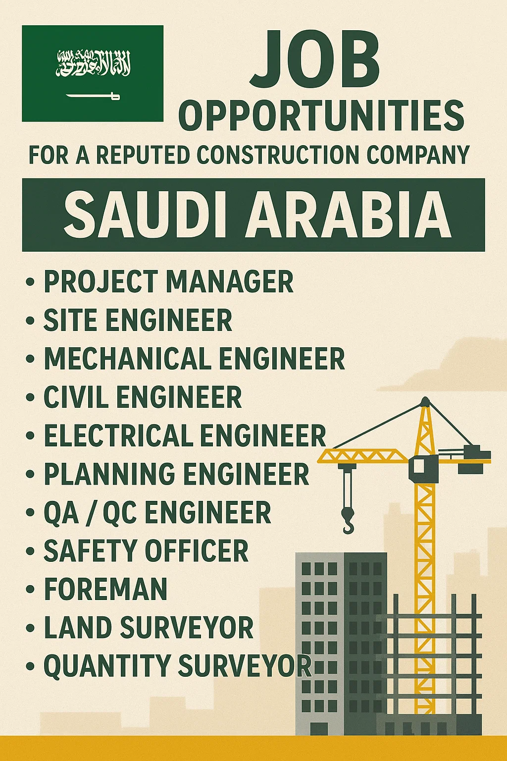 Job Opportunities for a Reputed Construction Company - Saudi Arabia